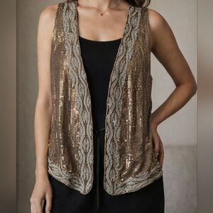Chico’s Beaded Sequin Open Front Vest Size 1 Medium Bronze Evening